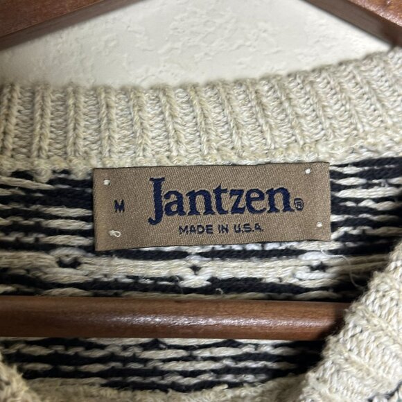 VTG Jantzen Sweater Men M Christmas Crew Knit Winter 90s Black White Abstract - Picture 5 of 12